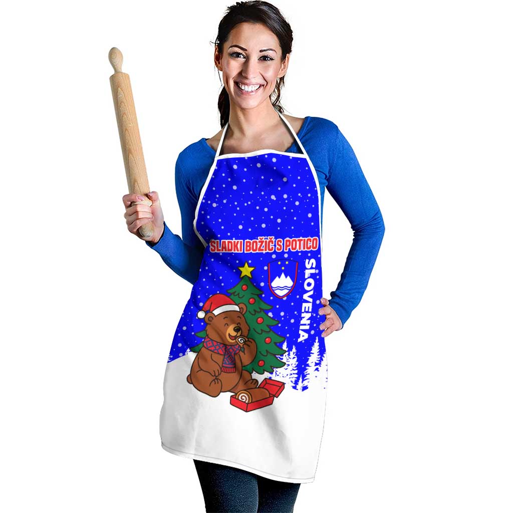 Slovenia Christmas Apron with Bear Potica Cake Snowy Tree and National Emblem Design - Wonder Print Shop