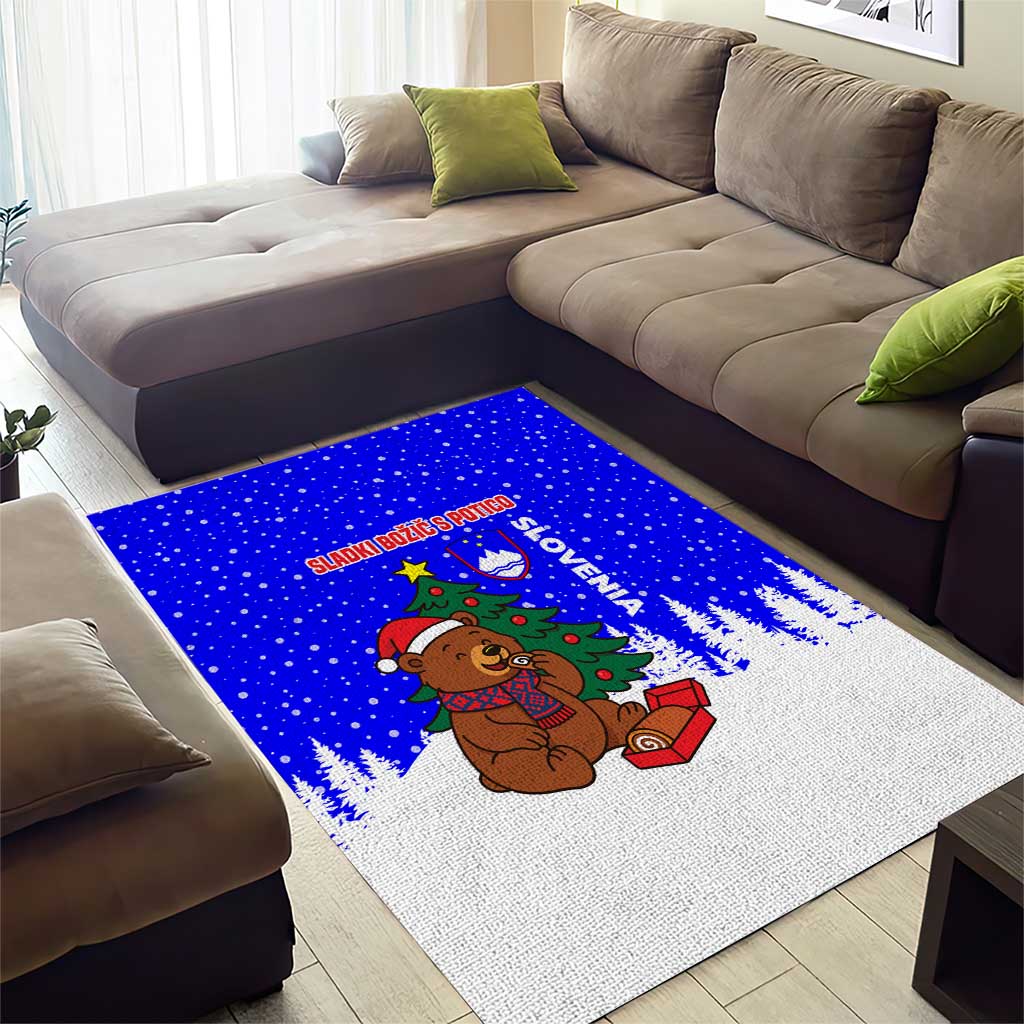 Slovenia Christmas Area Rug with Bear Potica Cake Snowy Tree and National Emblem Design - Wonder Print Shop