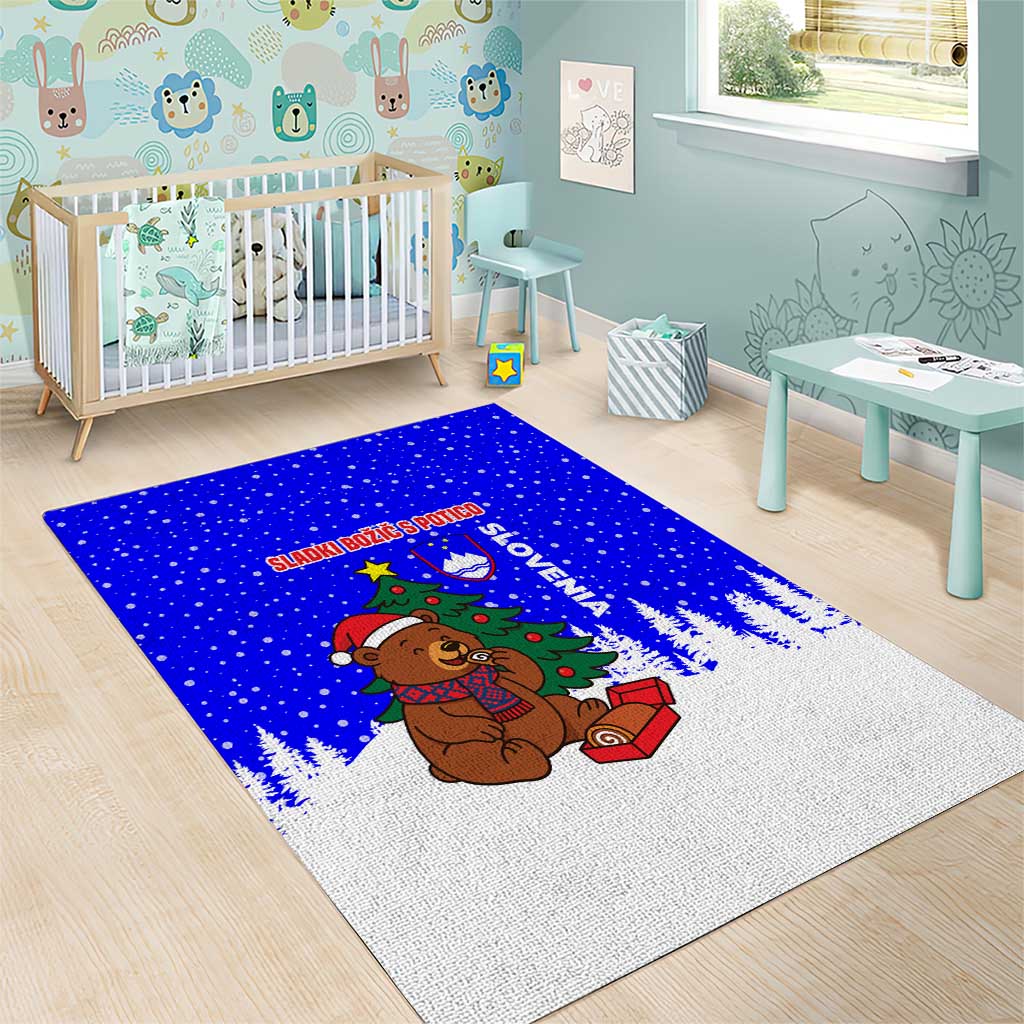 Slovenia Christmas Area Rug with Bear Potica Cake Snowy Tree and National Emblem Design - Wonder Print Shop
