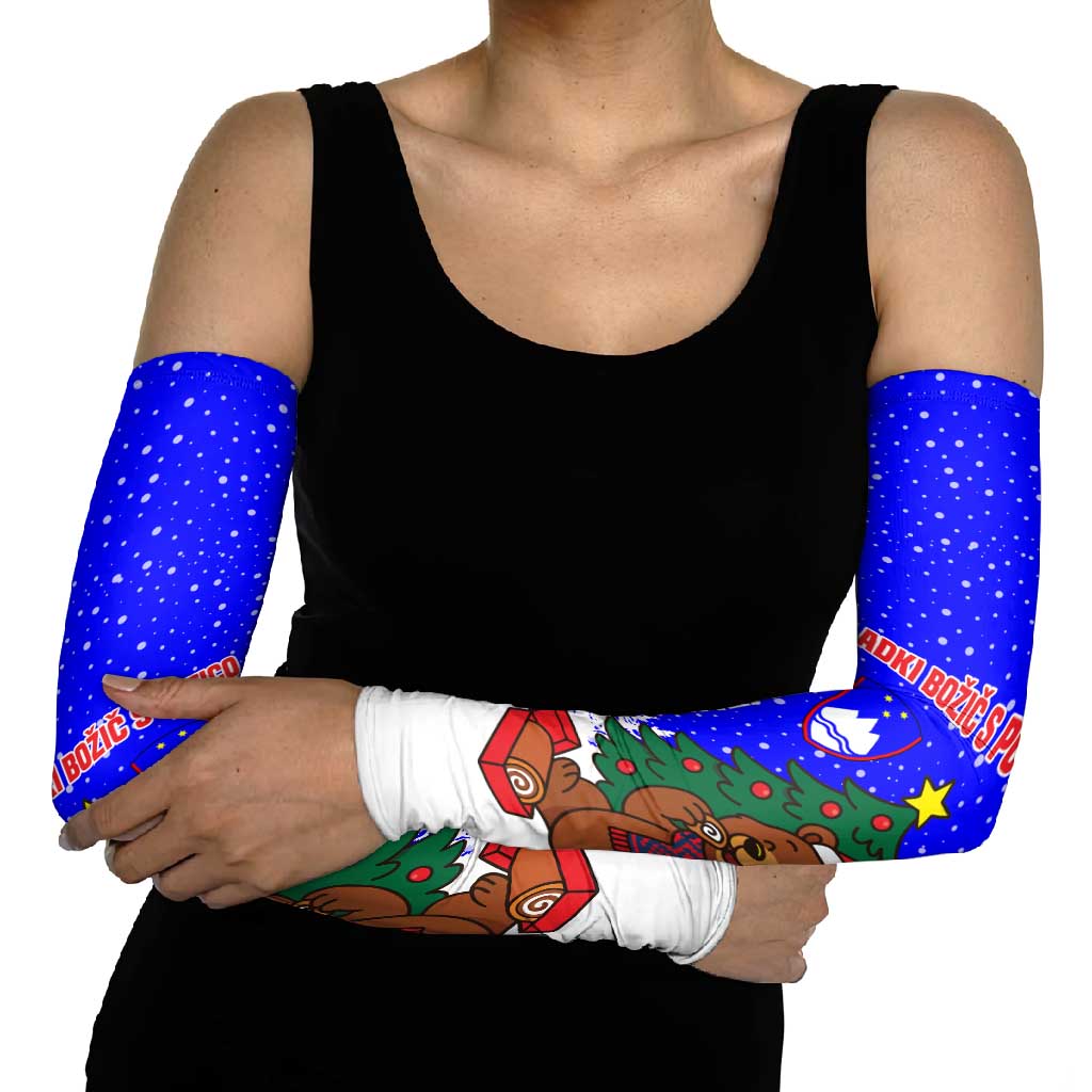 Slovenia Christmas Arm Sleeves with Bear Potica Cake Snowy Tree and National Emblem Design - Wonder Print Shop