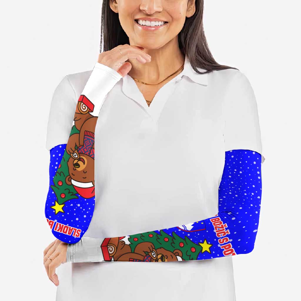 Slovenia Christmas Arm Sleeves with Bear Potica Cake Snowy Tree and National Emblem Design - Wonder Print Shop
