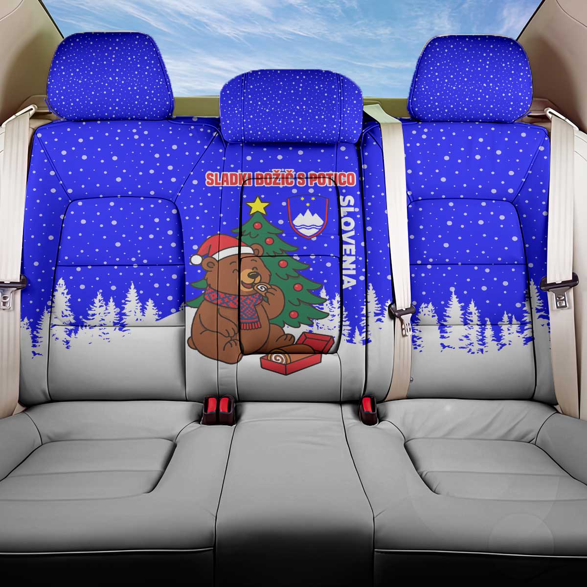 Slovenia Christmas Back Car Seat Cover with Bear Potica Cake Snowy Tree and National Emblem Design - Wonder Print Shop