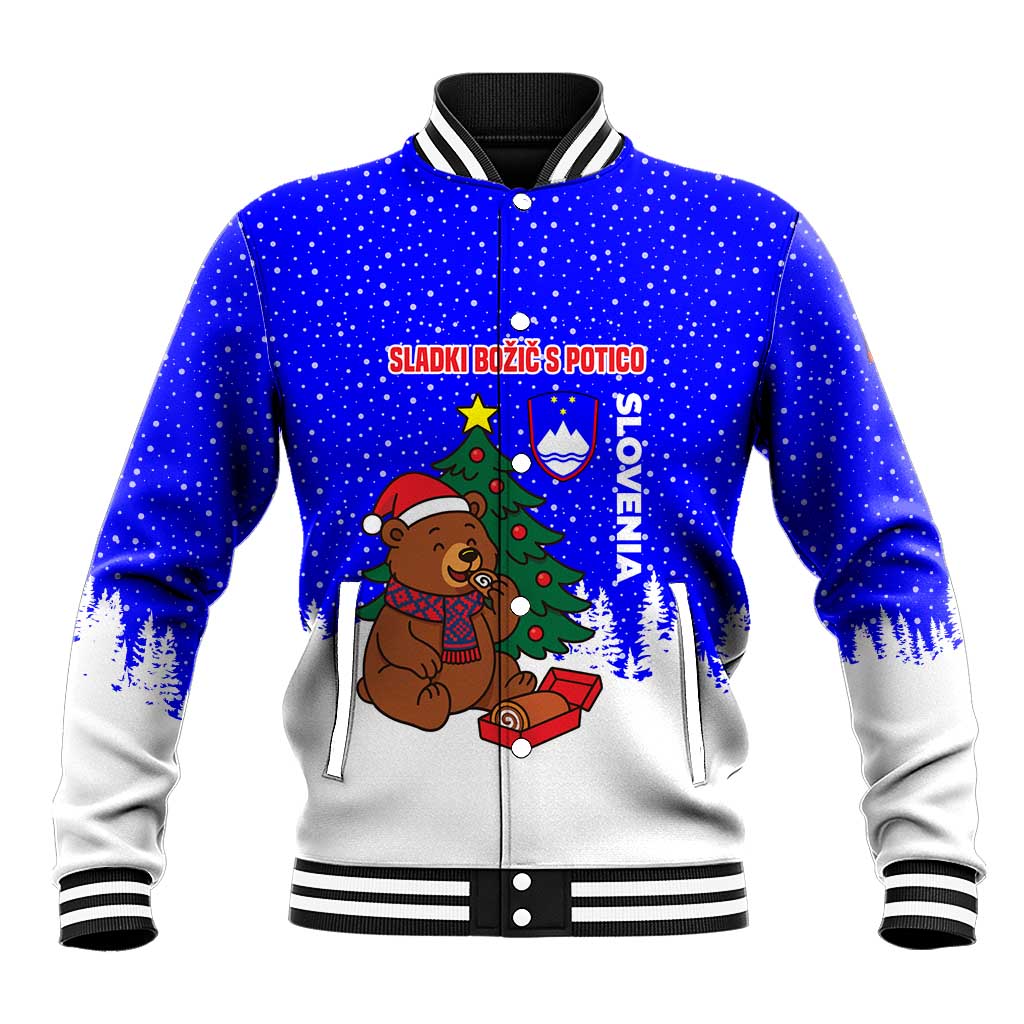 Slovenia Christmas Baseball Jacket with Bear Potica Cake Snowy Tree and National Emblem Design - Wonder Print Shop