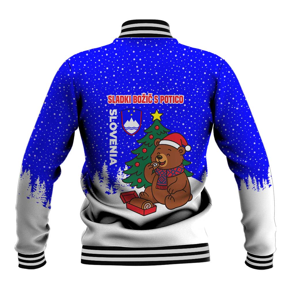 Slovenia Christmas Baseball Jacket with Bear Potica Cake Snowy Tree and National Emblem Design - Wonder Print Shop