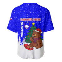 Slovenia Christmas Baseball Jersey with Bear Potica Cake Snowy Tree and National Emblem Design - Wonder Print Shop
