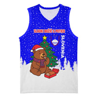 Slovenia Christmas Basketball Jersey with Bear Potica Cake Snowy Tree and National Emblem Design - Wonder Print Shop