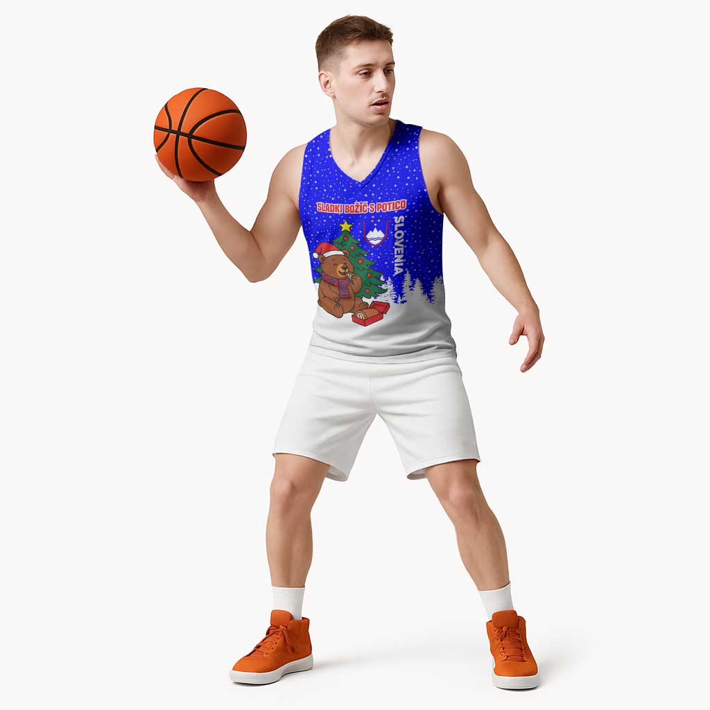 Slovenia Christmas Basketball Jersey with Bear Potica Cake Snowy Tree and National Emblem Design - Wonder Print Shop