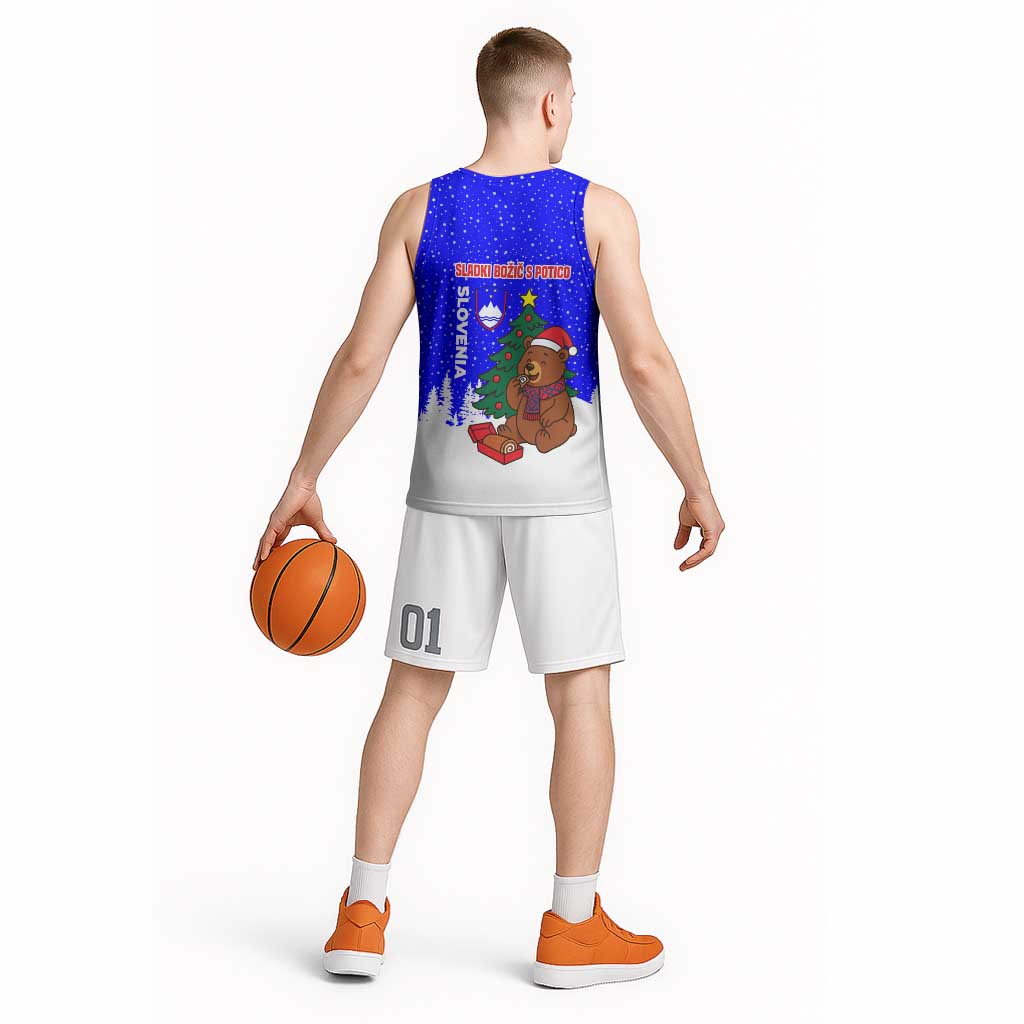 Slovenia Christmas Basketball Jersey with Bear Potica Cake Snowy Tree and National Emblem Design - Wonder Print Shop