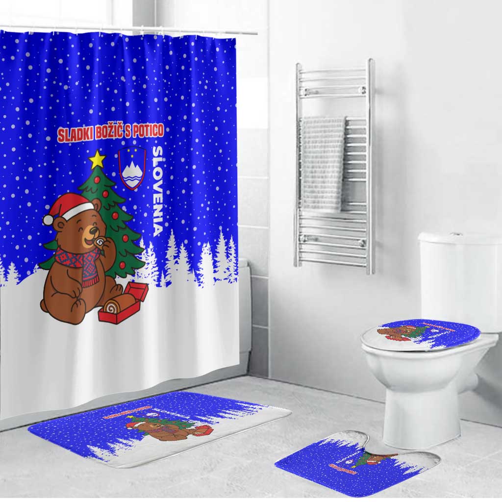 Slovenia Christmas Bathroom Set with Bear Potica Cake Snowy Tree and National Emblem Design - Wonder Print Shop