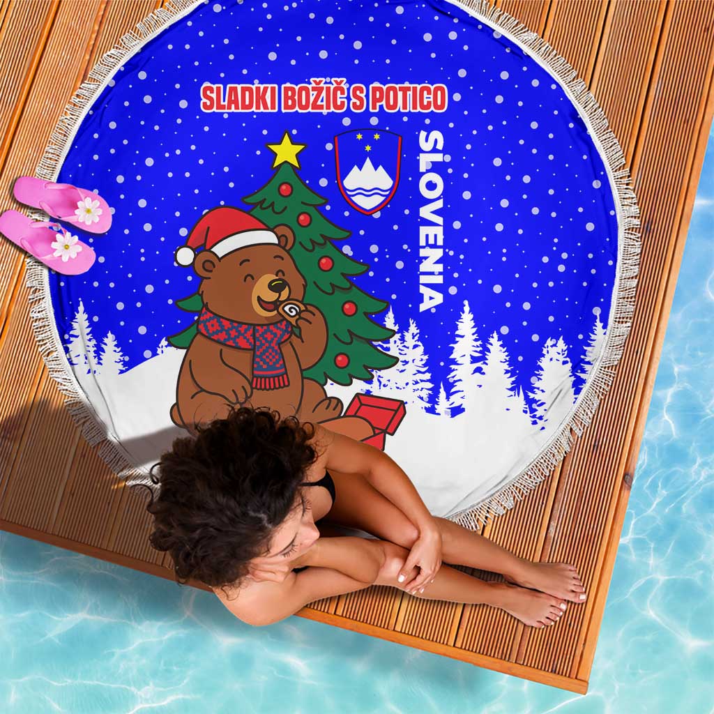Slovenia Christmas Beach Blanket with Bear Potica Cake Snowy Tree and National Emblem Design - Wonder Print Shop