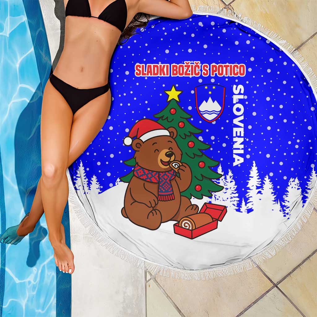 Slovenia Christmas Beach Blanket with Bear Potica Cake Snowy Tree and National Emblem Design - Wonder Print Shop