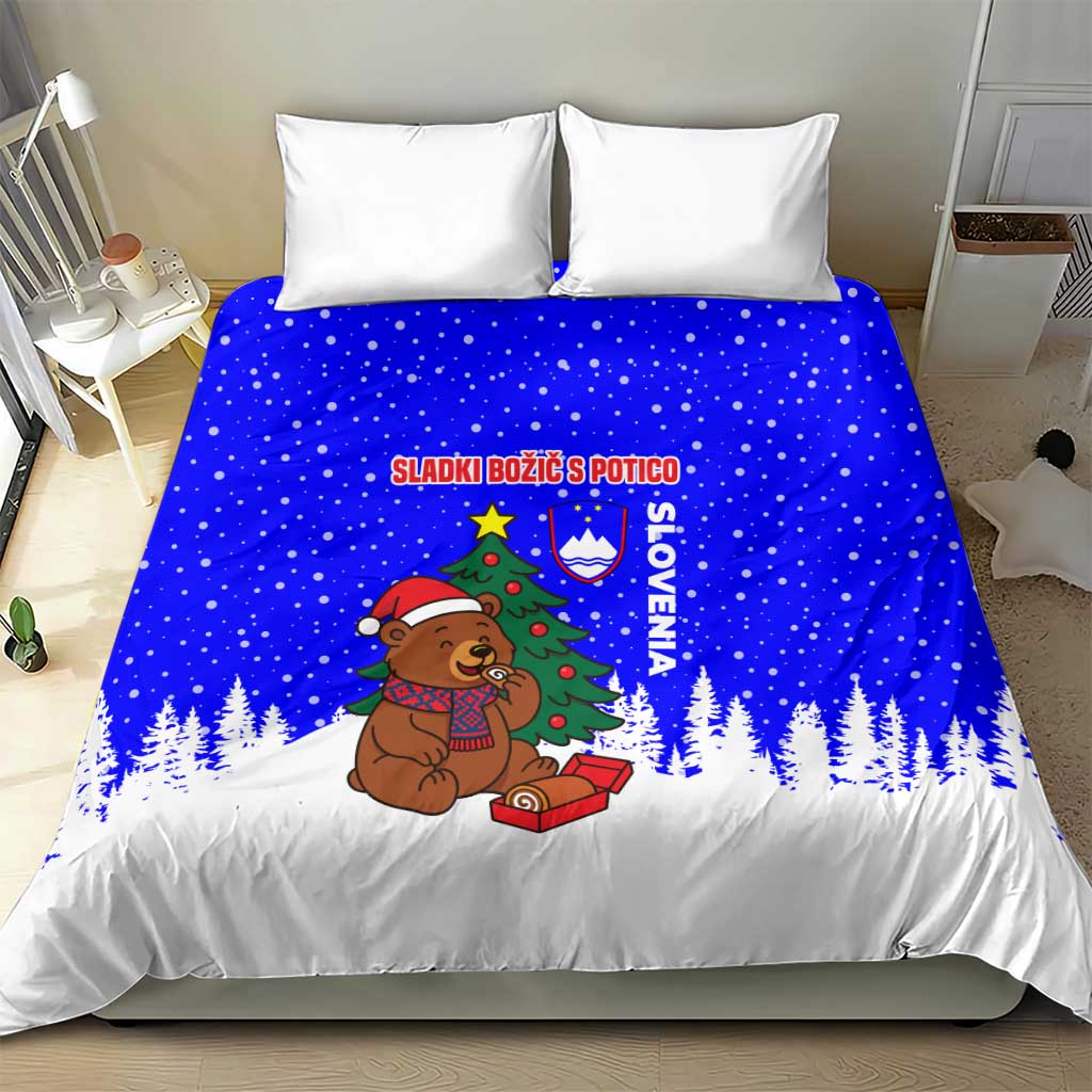 Slovenia Christmas Bedding Set with Bear Potica Cake Snowy Tree and National Emblem Design - Wonder Print Shop
