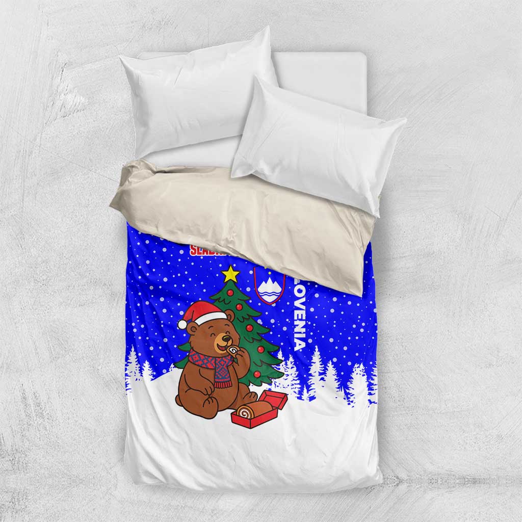 Slovenia Christmas Bedding Set with Bear Potica Cake Snowy Tree and National Emblem Design - Wonder Print Shop