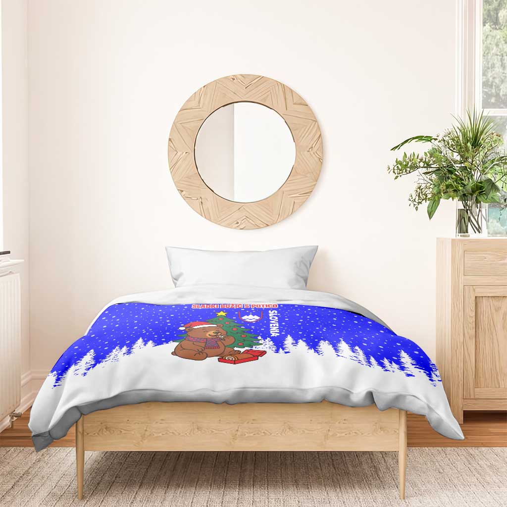Slovenia Christmas Bedding Set with Bear Potica Cake Snowy Tree and National Emblem Design - Wonder Print Shop