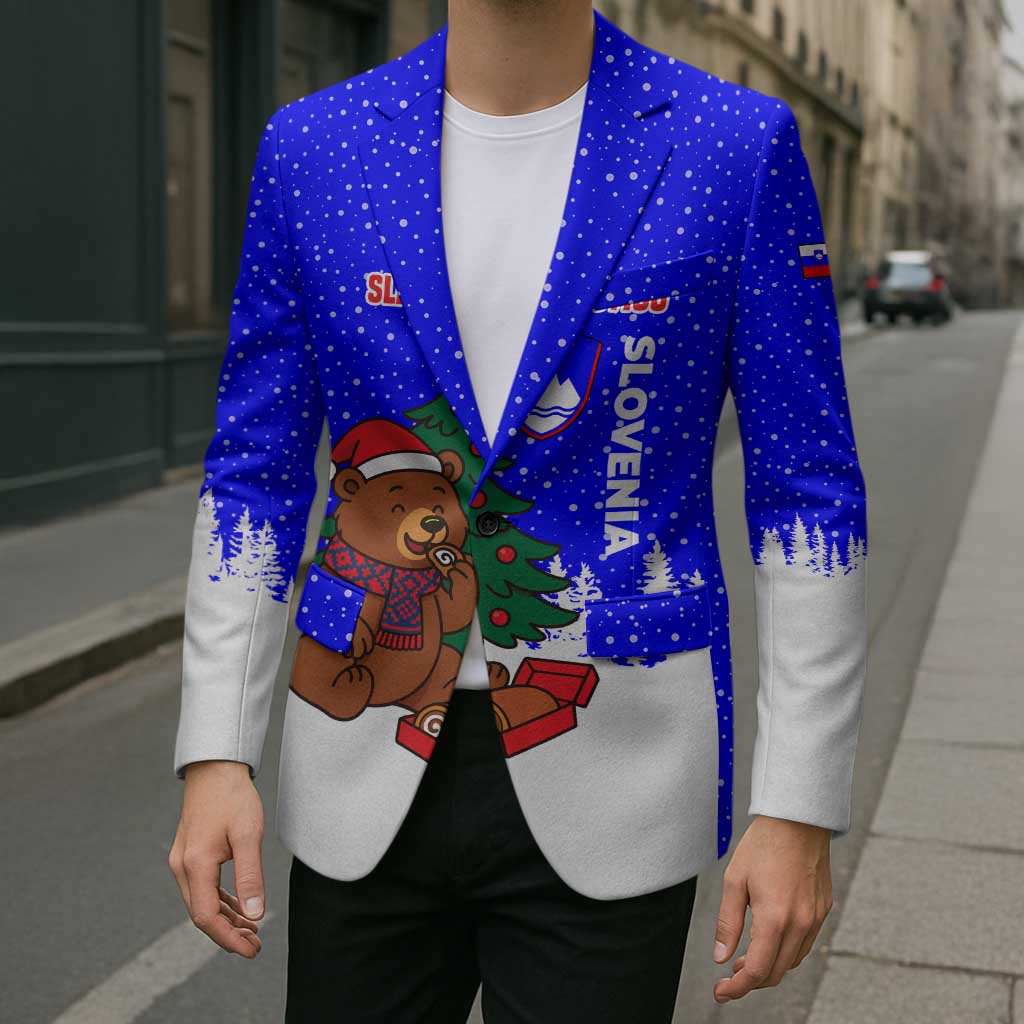 Slovenia Christmas Blazer with Bear Potica Cake Snowy Tree and National Emblem Design - Wonder Print Shop