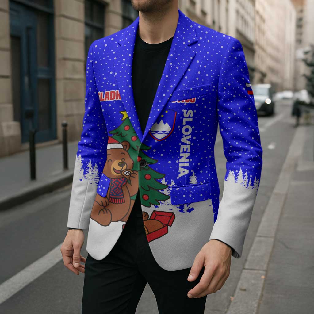 Slovenia Christmas Blazer with Bear Potica Cake Snowy Tree and National Emblem Design - Wonder Print Shop