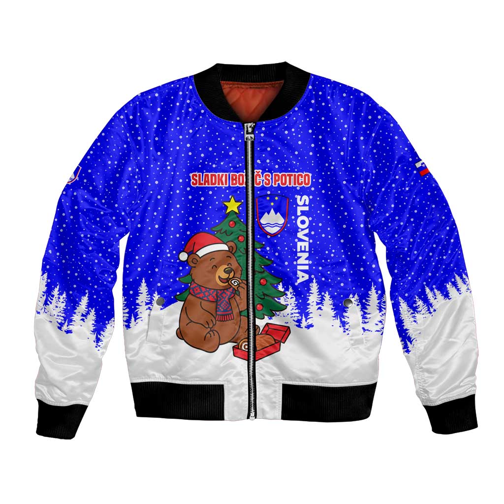 Slovenia Christmas Bomber Jacket with Bear Potica Cake Snowy Tree and National Emblem Design - Wonder Print Shop