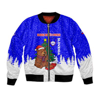 Slovenia Christmas Bomber Jacket with Bear Potica Cake Snowy Tree and National Emblem Design - Wonder Print Shop