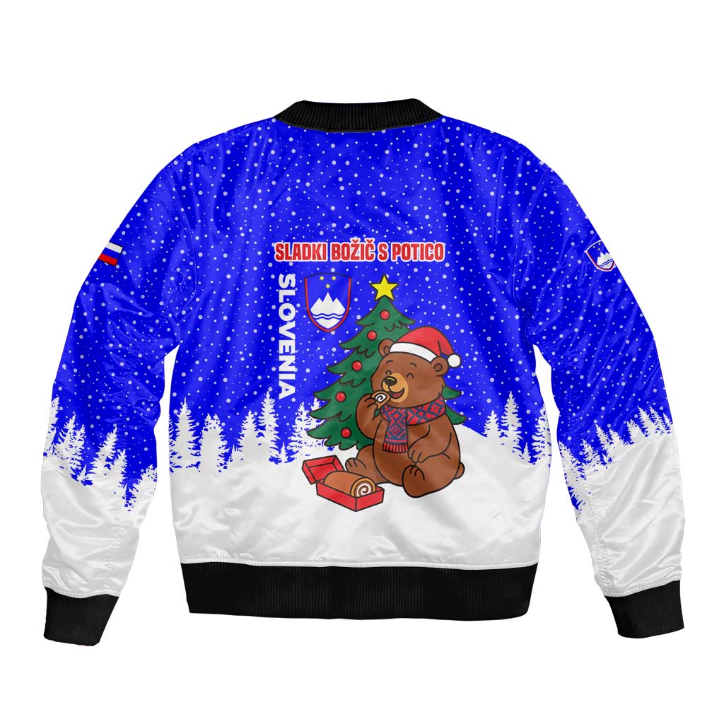 Slovenia Christmas Bomber Jacket with Bear Potica Cake Snowy Tree and National Emblem Design - Wonder Print Shop
