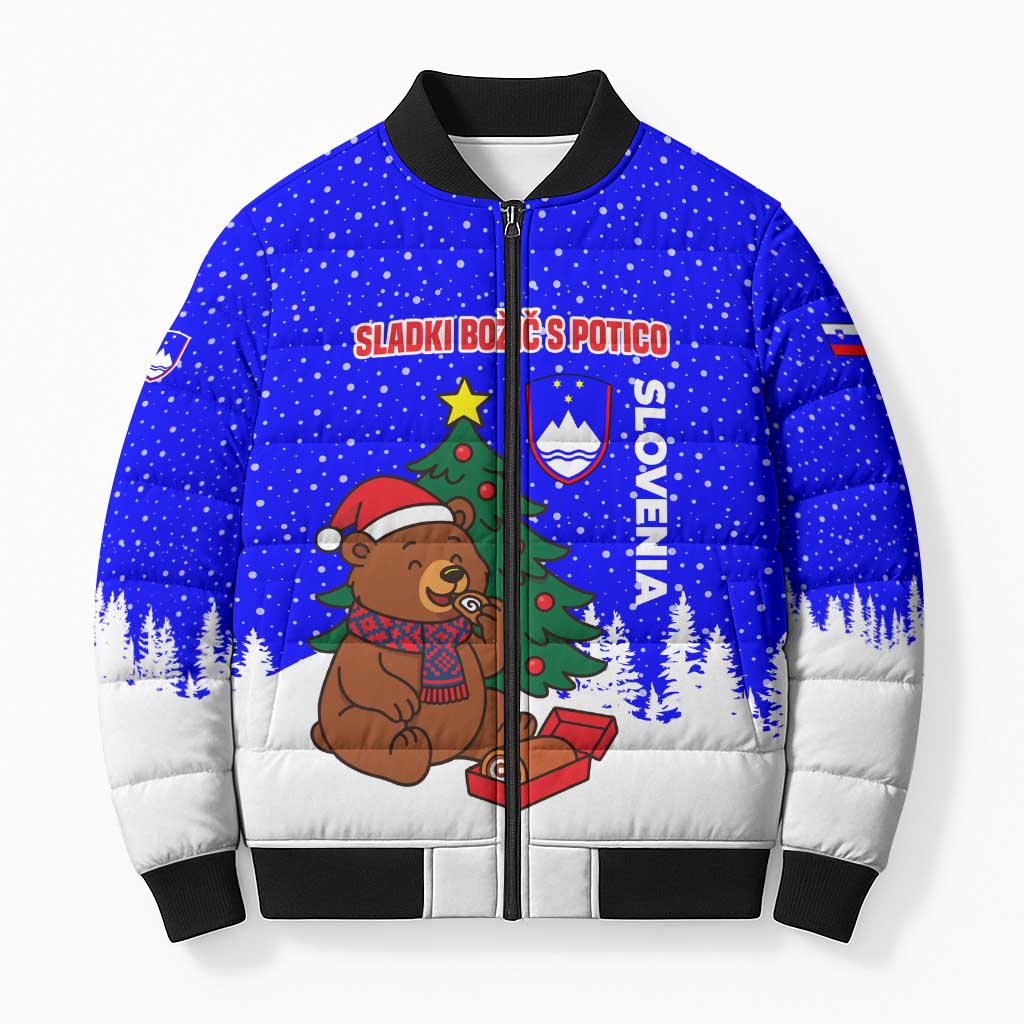 Slovenia Christmas Bomber Puffer Jacket with Bear Potica Cake Snowy Tree and National Emblem Design - Wonder Print Shop