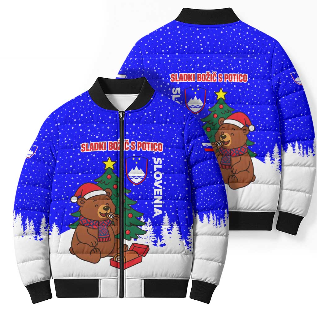Slovenia Christmas Bomber Puffer Jacket with Bear Potica Cake Snowy Tree and National Emblem Design - Wonder Print Shop