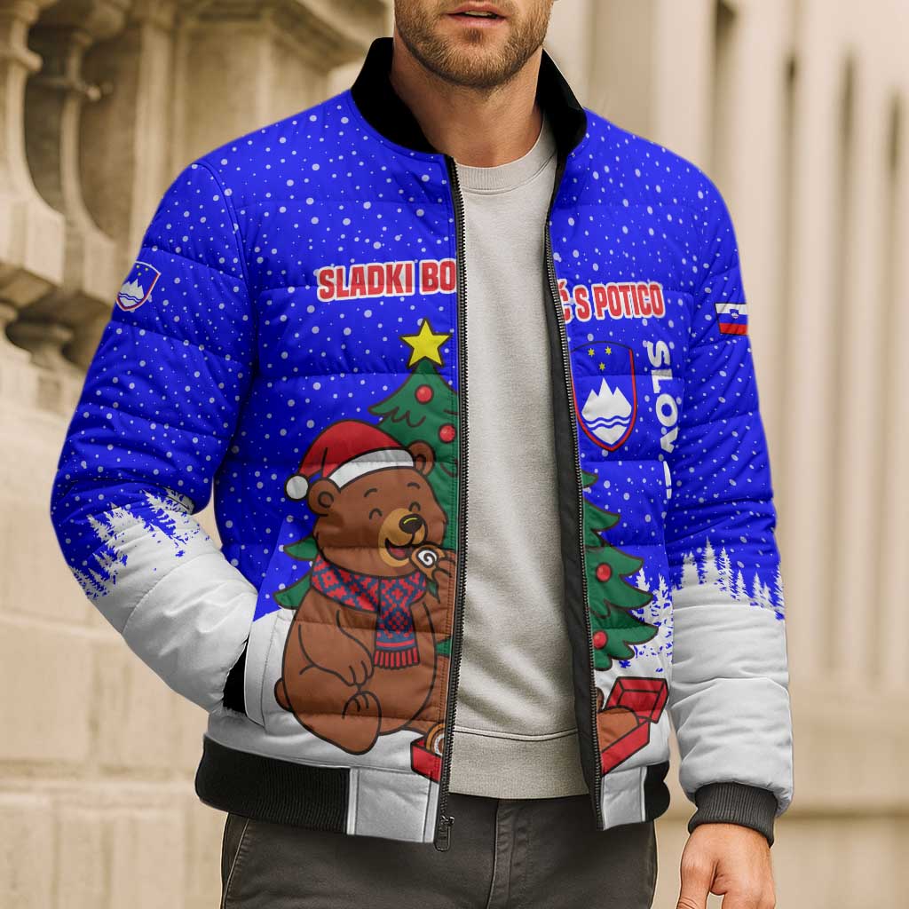 Slovenia Christmas Bomber Puffer Jacket with Bear Potica Cake Snowy Tree and National Emblem Design - Wonder Print Shop