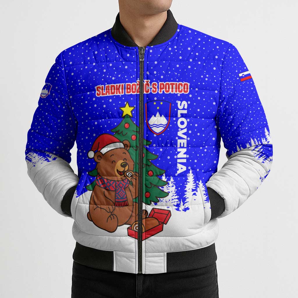Slovenia Christmas Bomber Puffer Jacket with Bear Potica Cake Snowy Tree and National Emblem Design - Wonder Print Shop