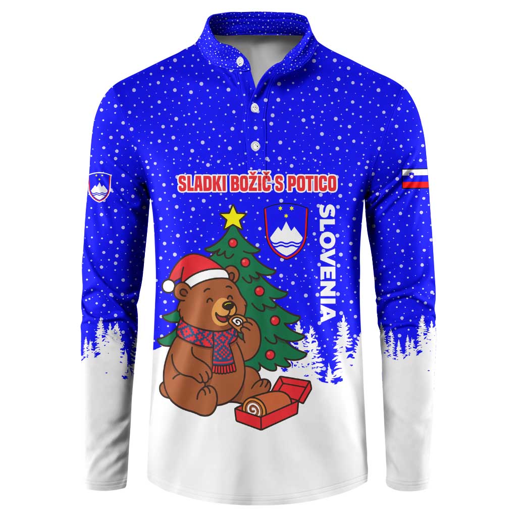 Slovenia Christmas Button Sweatshirt with Bear Potica Cake Snowy Tree and National Emblem Design - Wonder Print Shop