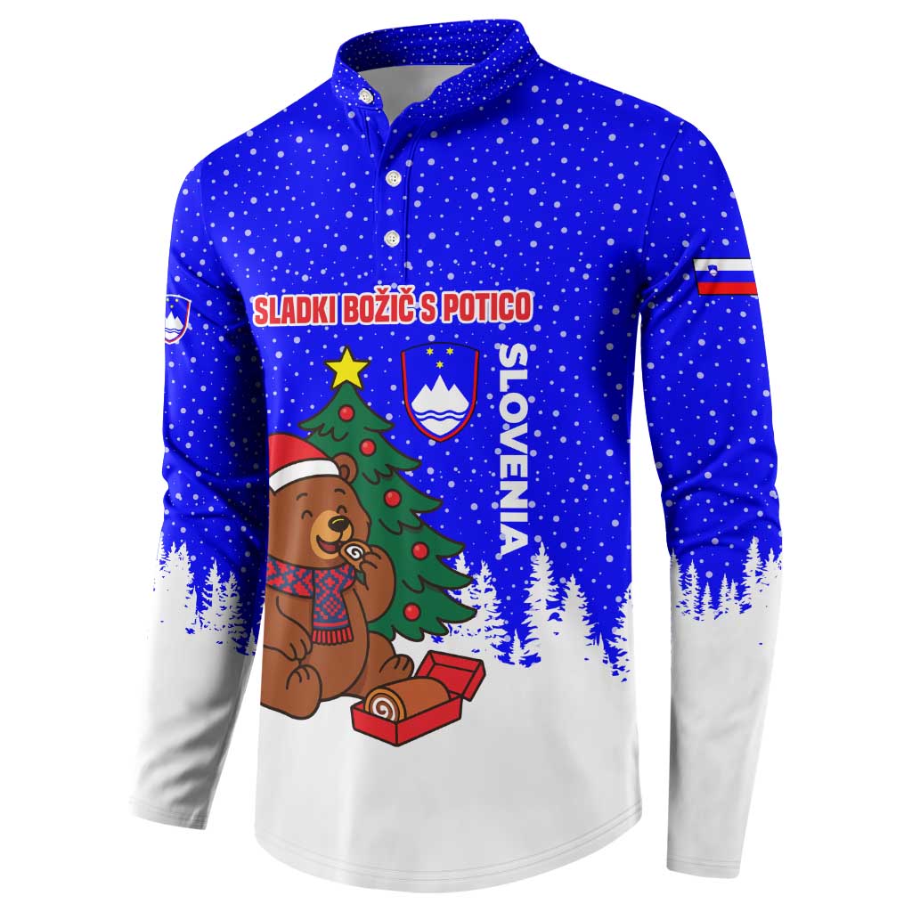 Slovenia Christmas Button Sweatshirt with Bear Potica Cake Snowy Tree and National Emblem Design - Wonder Print Shop