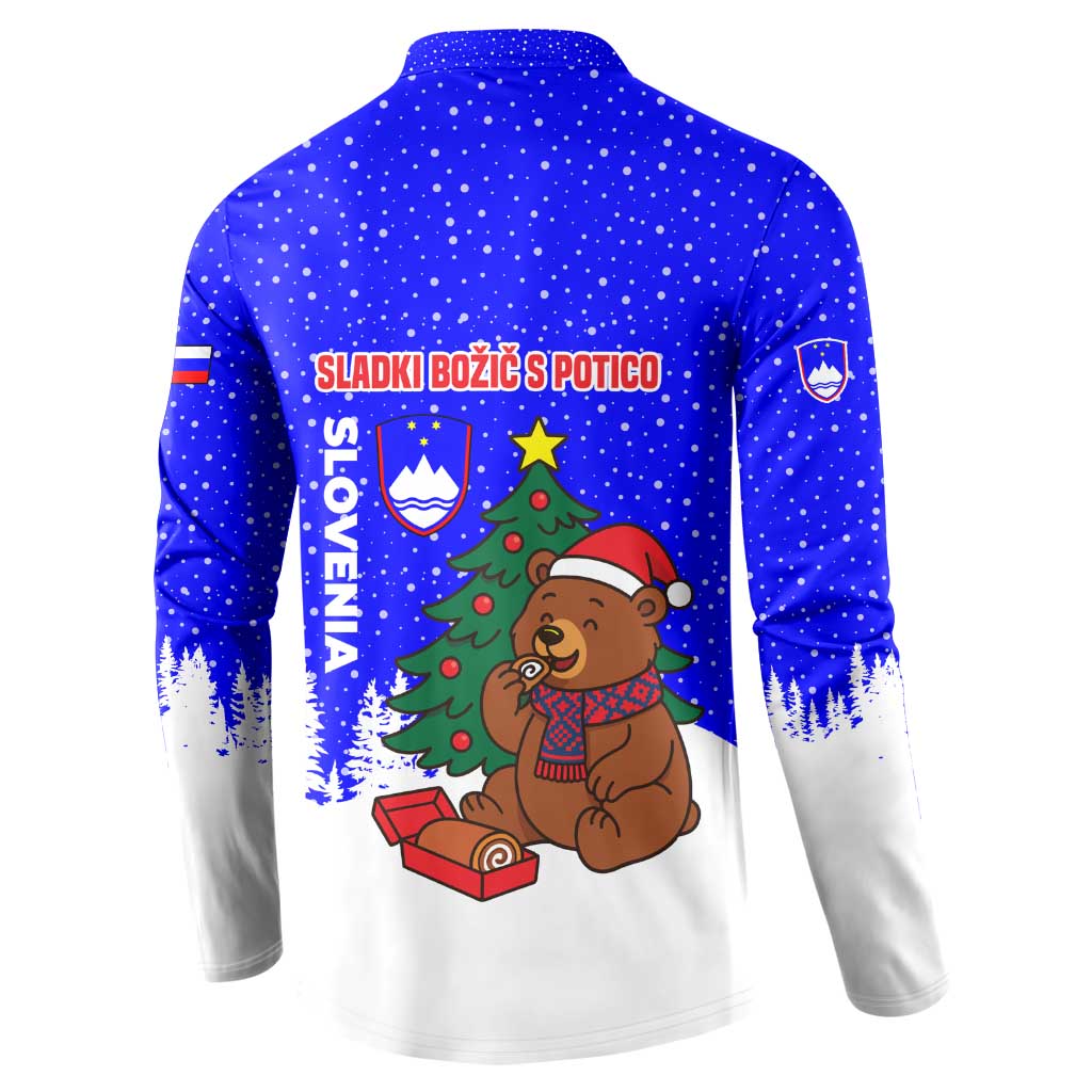 Slovenia Christmas Button Sweatshirt with Bear Potica Cake Snowy Tree and National Emblem Design - Wonder Print Shop