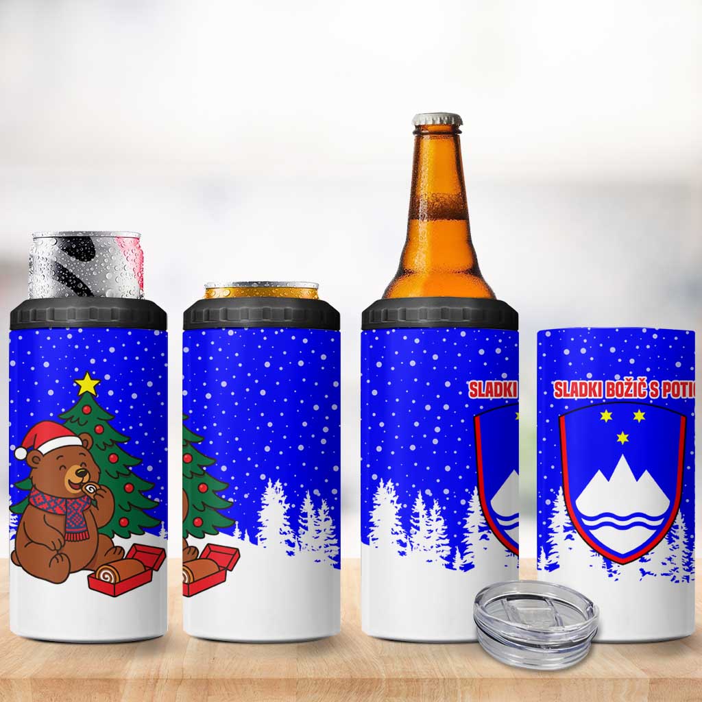 Slovenia Christmas 4 in 1 Can Cooler Tumbler with Bear Potica Cake Snowy Tree and National Emblem Design - Wonder Print Shop