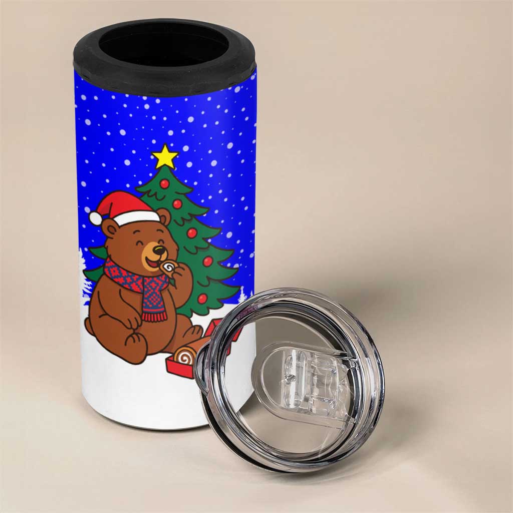 Slovenia Christmas 4 in 1 Can Cooler Tumbler with Bear Potica Cake Snowy Tree and National Emblem Design - Wonder Print Shop