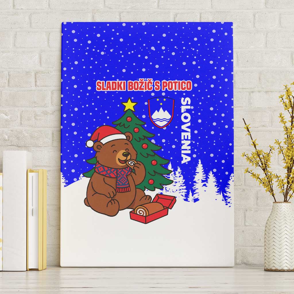 Slovenia Christmas Canvas Wall Art with Bear Potica Cake Snowy Tree and National Emblem Design - Wonder Print Shop