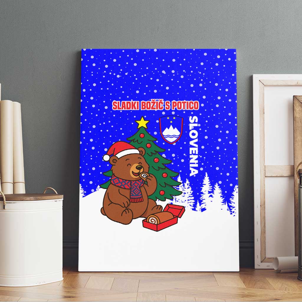 Slovenia Christmas Canvas Wall Art with Bear Potica Cake Snowy Tree and National Emblem Design - Wonder Print Shop