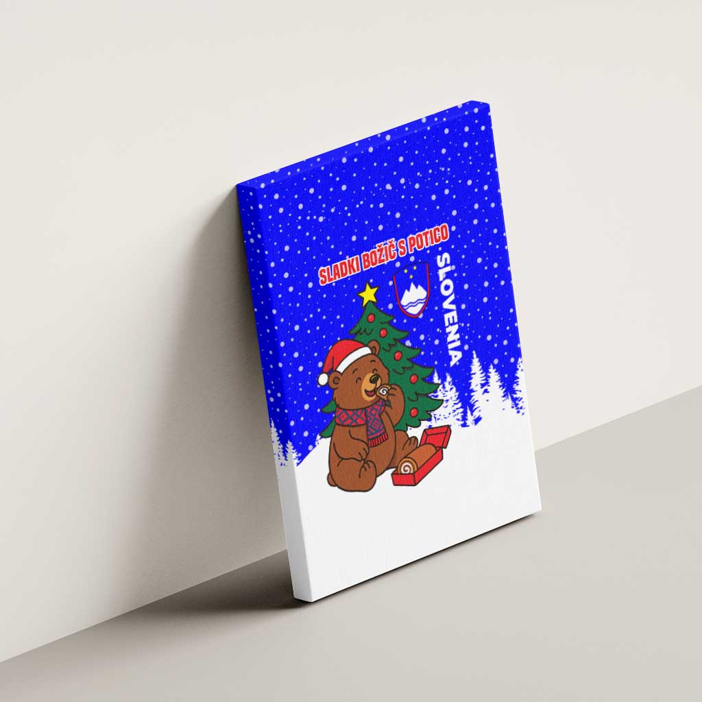Slovenia Christmas Canvas Wall Art with Bear Potica Cake Snowy Tree and National Emblem Design - Wonder Print Shop