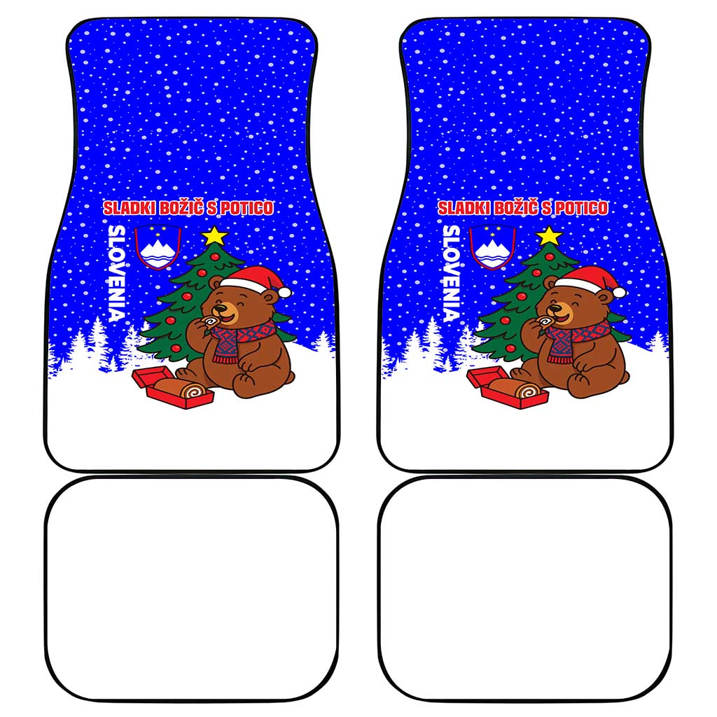 Slovenia Christmas Car Mats with Bear Potica Cake Snowy Tree and National Emblem Design - Wonder Print Shop