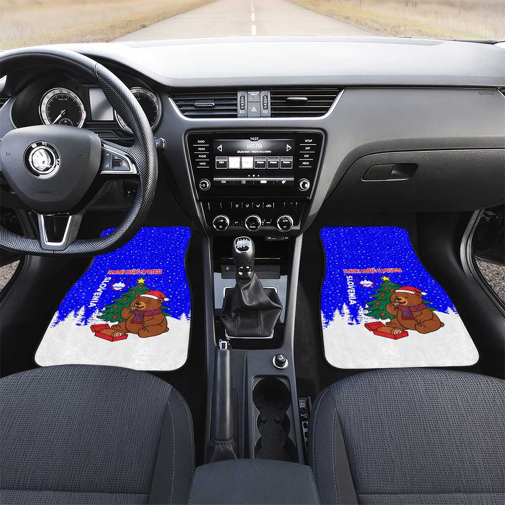 Slovenia Christmas Car Mats with Bear Potica Cake Snowy Tree and National Emblem Design - Wonder Print Shop