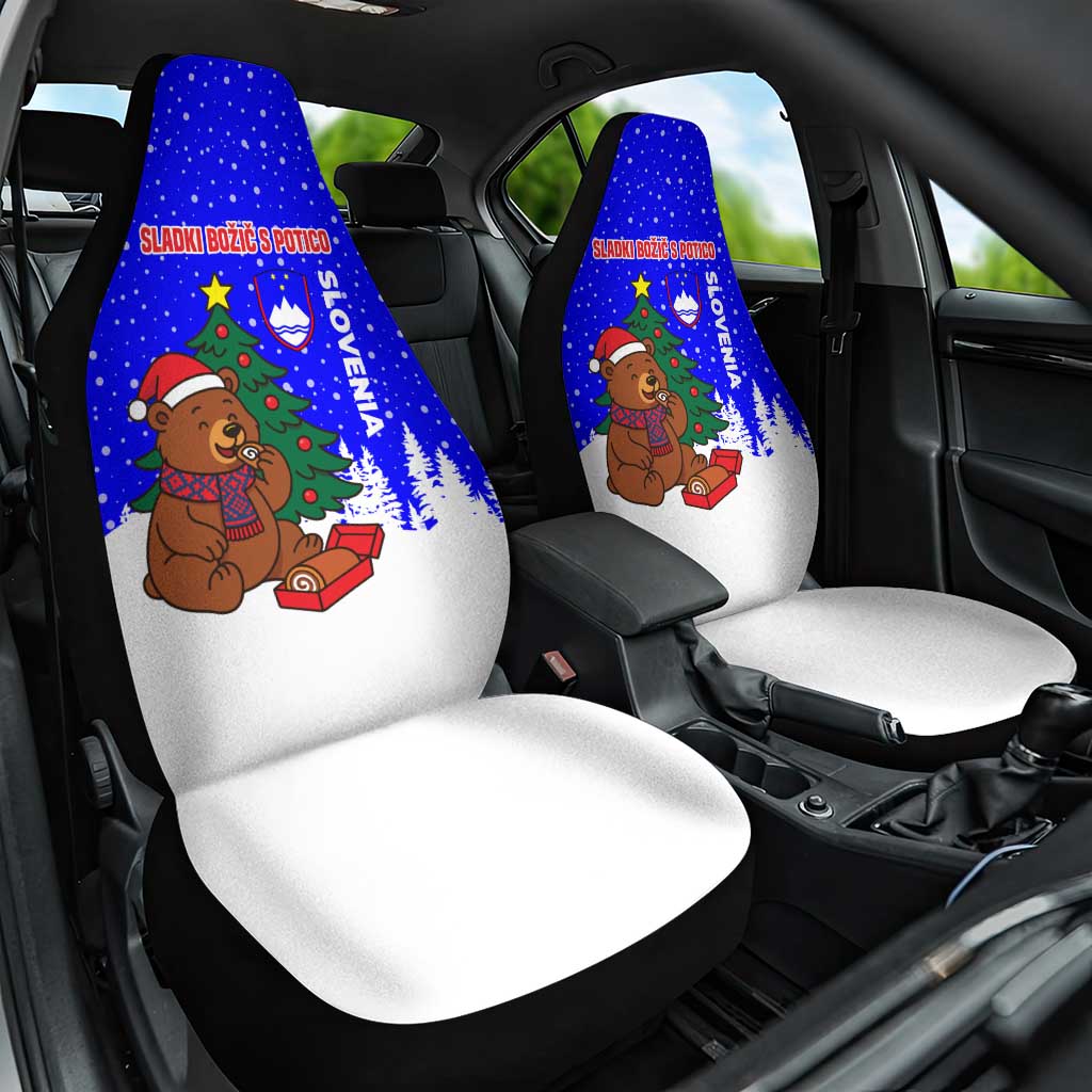 Slovenia Christmas Car Seat Cover with Bear Potica Cake Snowy Tree and National Emblem Design - Wonder Print Shop