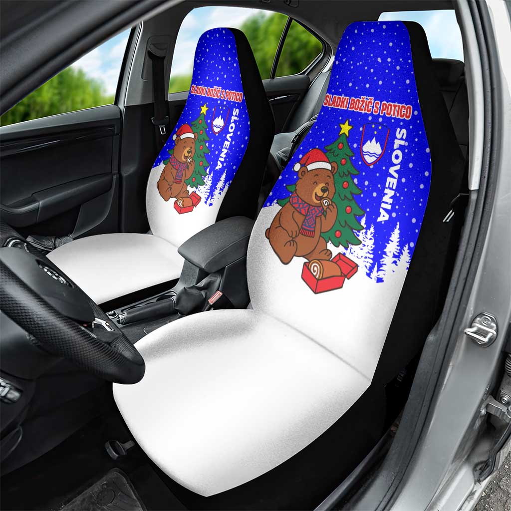 Slovenia Christmas Car Seat Cover with Bear Potica Cake Snowy Tree and National Emblem Design - Wonder Print Shop
