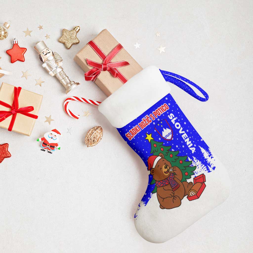 Slovenia Christmas Stocking with Bear Potica Cake Snowy Tree and National Emblem Design - Wonder Print Shop