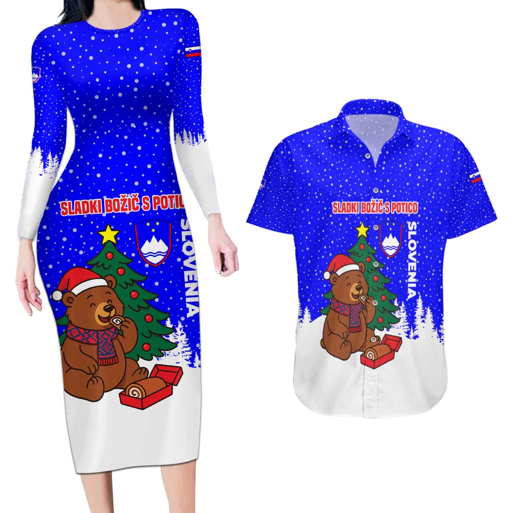 Slovenia Christmas Couples Matching Long Sleeve Bodycon Dress and Hawaiian Shirt with Bear Potica Cake Snowy Tree and National Emblem Design - Wonder Print Shop