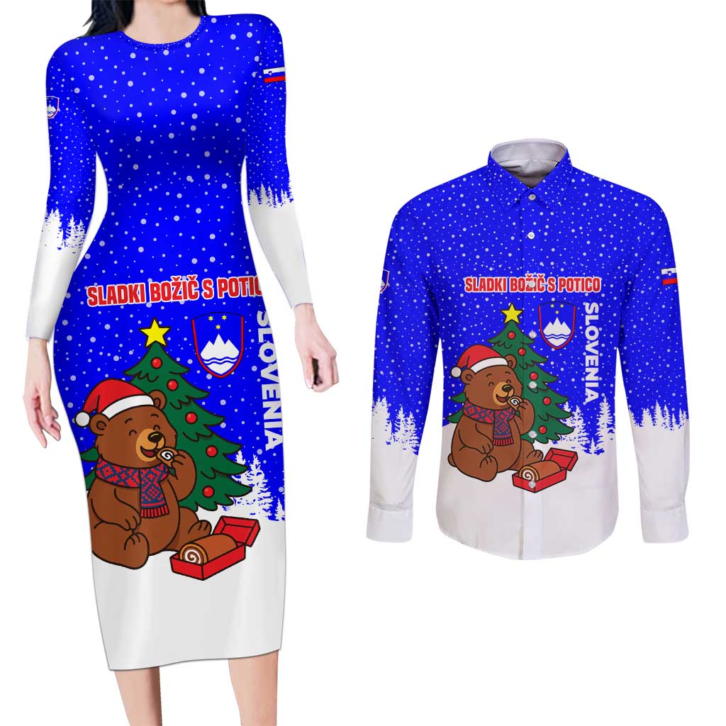 Slovenia Christmas Couples Matching Long Sleeve Bodycon Dress and Long Sleeve Button Shirt with Bear Potica Cake Snowy Tree and National Emblem Design - Wonder Print Shop