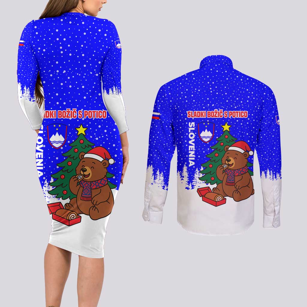 Slovenia Christmas Couples Matching Long Sleeve Bodycon Dress and Long Sleeve Button Shirt with Bear Potica Cake Snowy Tree and National Emblem Design - Wonder Print Shop