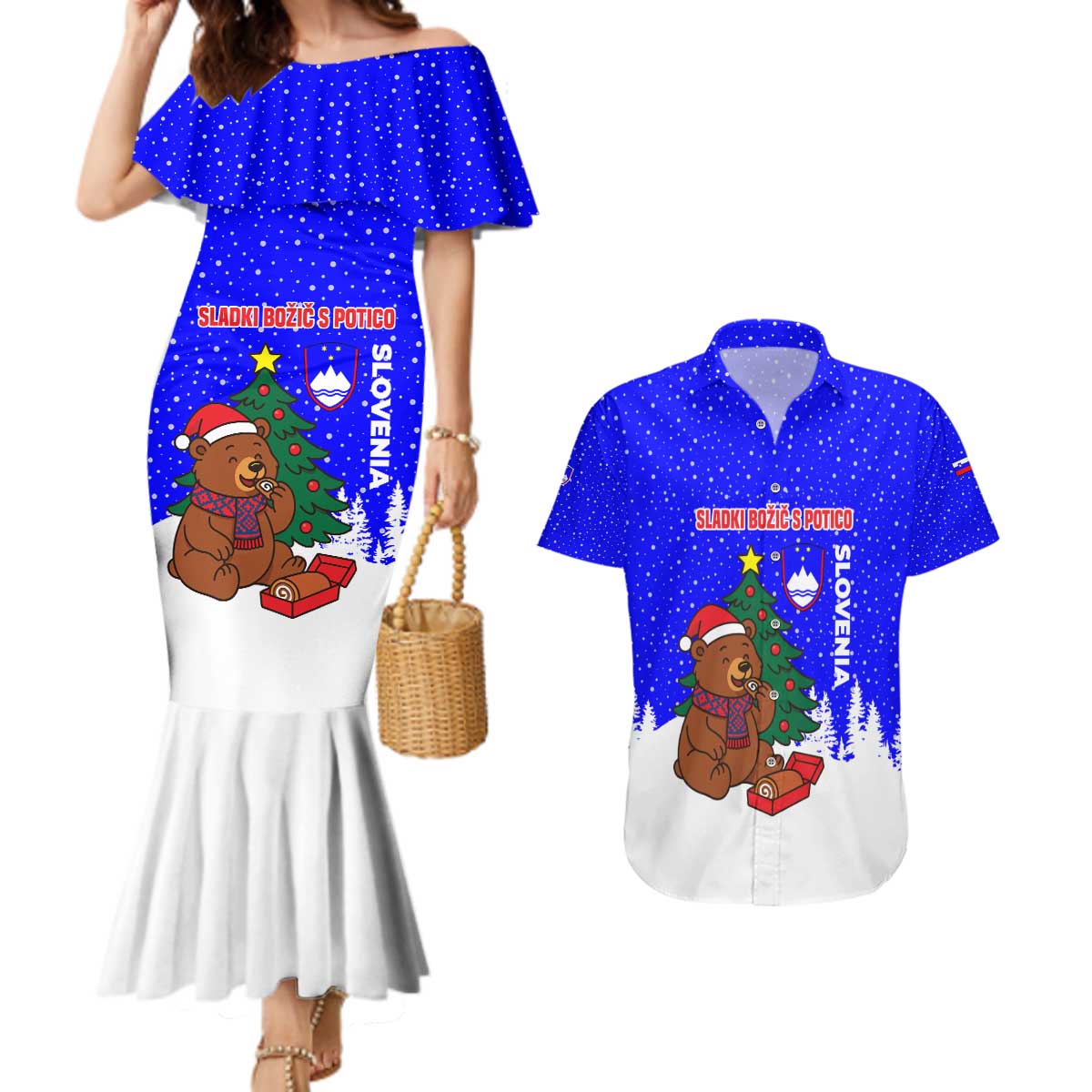 Slovenia Christmas Couples Matching Mermaid Dress and Hawaiian Shirt with Bear Potica Cake Snowy Tree and National Emblem Design - Wonder Print Shop