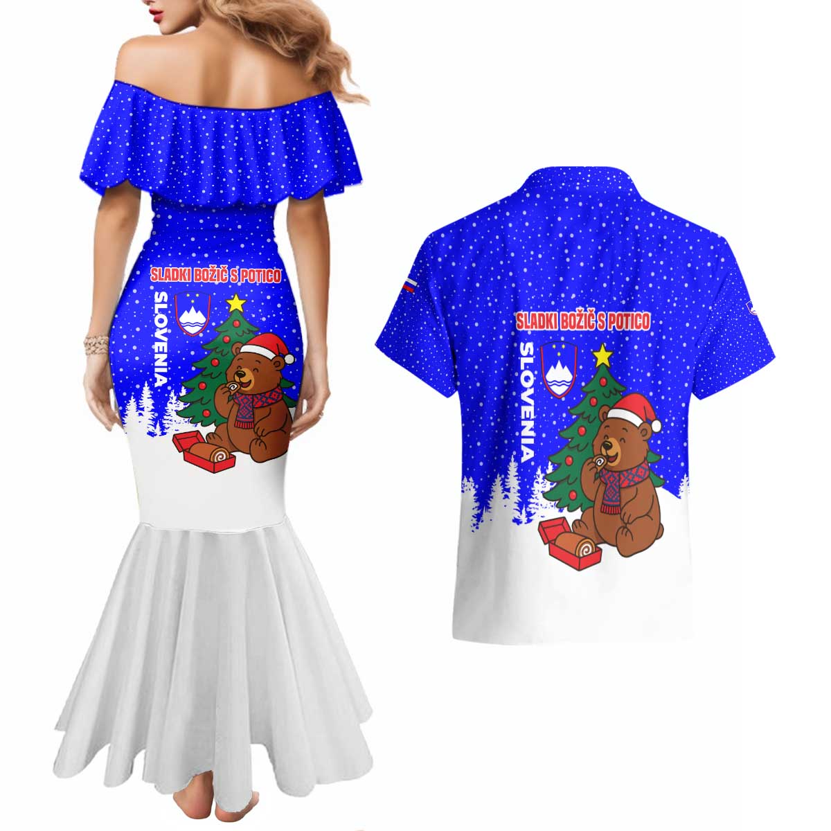 Slovenia Christmas Couples Matching Mermaid Dress and Hawaiian Shirt with Bear Potica Cake Snowy Tree and National Emblem Design - Wonder Print Shop