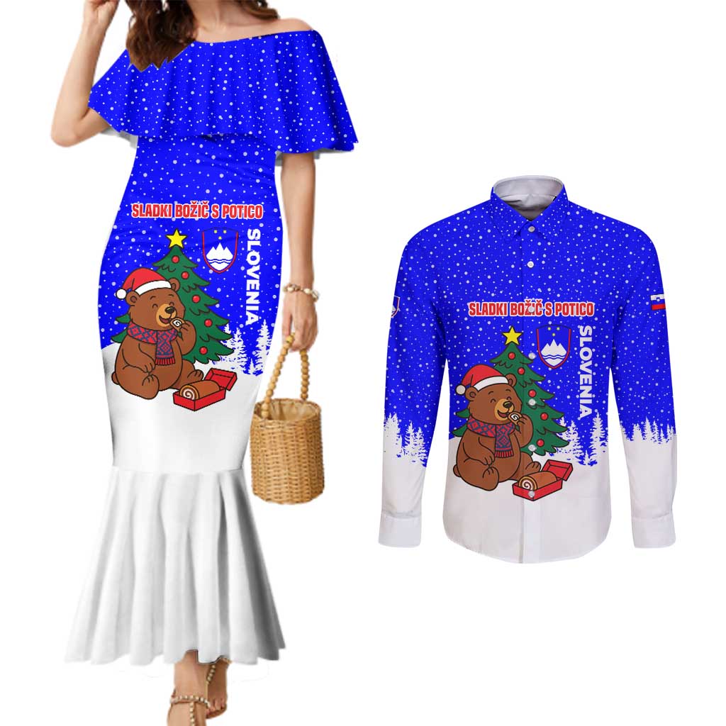 Slovenia Christmas Couples Matching Mermaid Dress and Long Sleeve Button Shirt with Bear Potica Cake Snowy Tree and National Emblem Design - Wonder Print Shop