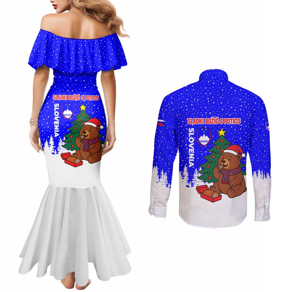 Slovenia Christmas Couples Matching Mermaid Dress and Long Sleeve Button Shirt with Bear Potica Cake Snowy Tree and National Emblem Design - Wonder Print Shop