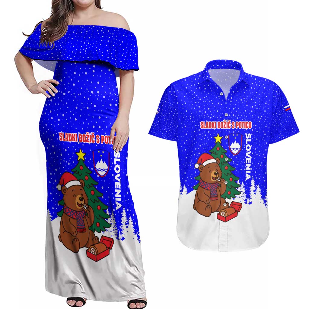 Slovenia Christmas Couples Matching Off Shoulder Maxi Dress and Hawaiian Shirt with Bear Potica Cake Snowy Tree and National Emblem Design - Wonder Print Shop