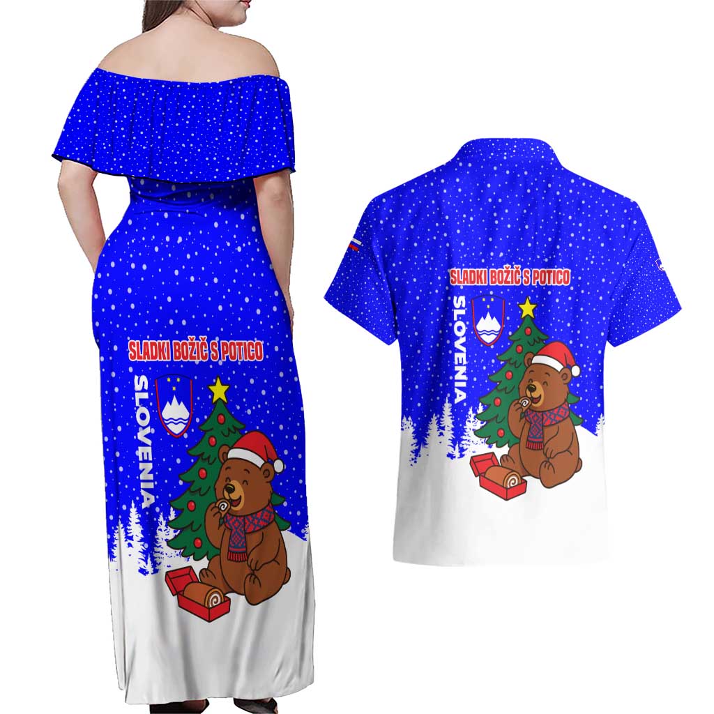 Slovenia Christmas Couples Matching Off Shoulder Maxi Dress and Hawaiian Shirt with Bear Potica Cake Snowy Tree and National Emblem Design - Wonder Print Shop