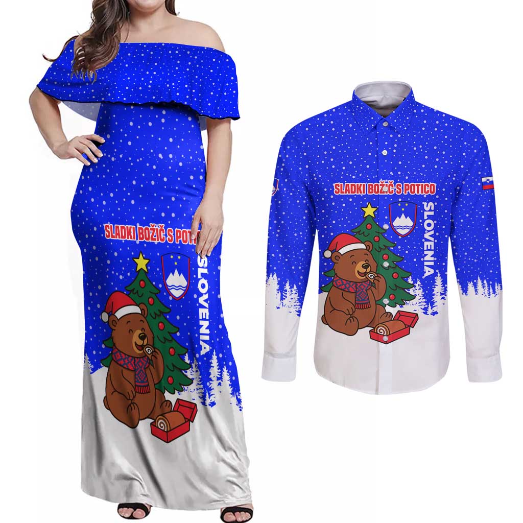 Slovenia Christmas Couples Matching Off Shoulder Maxi Dress and Long Sleeve Button Shirt with Bear Potica Cake Snowy Tree and National Emblem Design - Wonder Print Shop